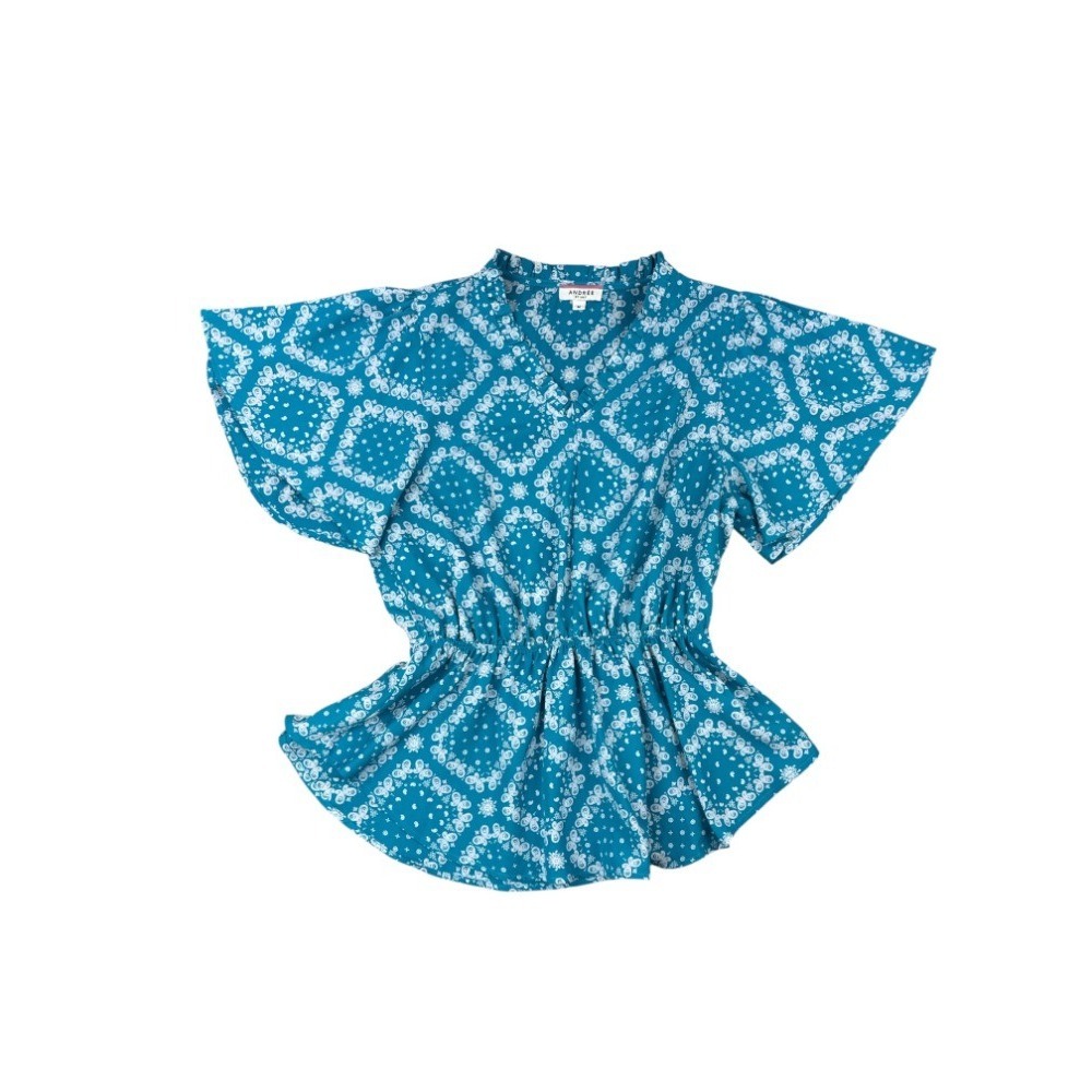 Andree‎ by Unit Bandana Print Peplum Blouse M Teal Blue Flutter Sleeve Top